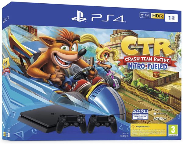 Sony PlayStation 4 Slim 1 To + Crash Team Racing, Avec 2 manettes sans fil DUALSHOCK 4 V2, Châssis F, Noir (Jet Black)