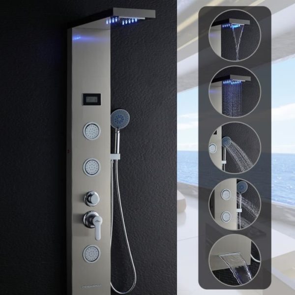 Auralum Colonne De Douche LED En Acier Inoxydable 304 Panneau De Douche Avec Douche À Main Multi-Fonctionnel L’eau De Sortir